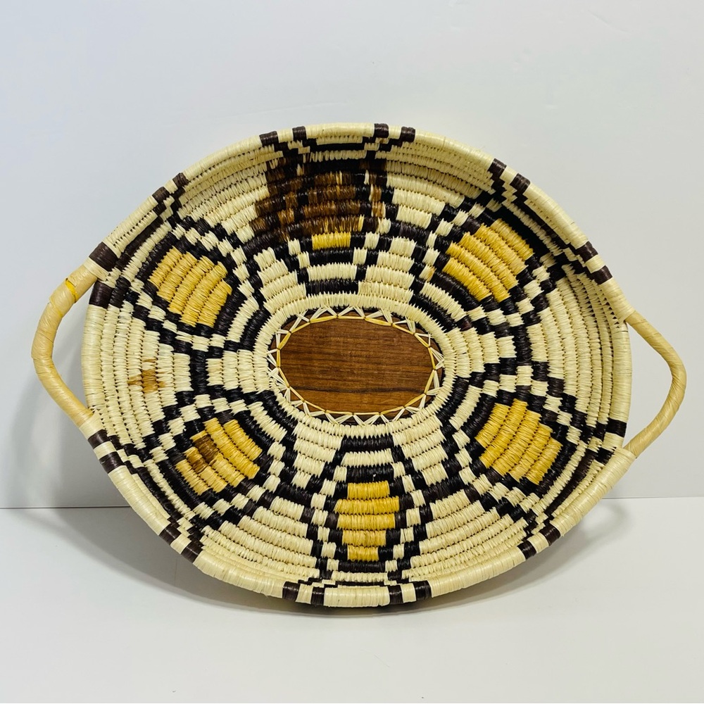 Vtg Hand Made Straw Coil Basket Tray Wood Insert With Handles African or Native